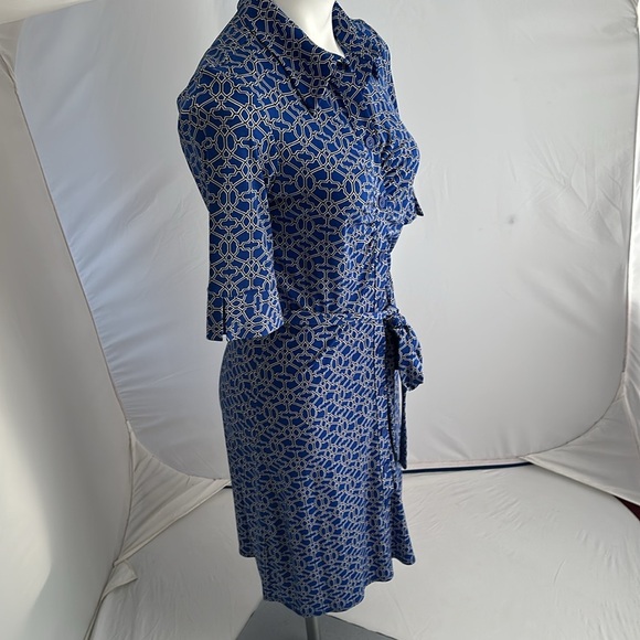 Laundry by Shelli Segal blue multi lattice print 3/4 quarter sleeve shirt dress - Picture 2 of 14